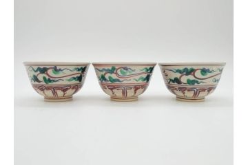 竜谷焼　宮川香雲　寿　約12cm　4寸　紅安南　数茶碗10客セット(京焼、龍谷窯、和食器、茶道具、茶器、湯呑、共布、共箱付き、四寸)(R-077162)
