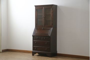 中古　北海道民芸家具　上品な雰囲気漂うビューローブックケース(ライティングビューロー、簿記机、本箱、本棚、飾り棚、収納棚、戸棚、ワークデスク、在宅用、在宅ワーク用)(R-077188)