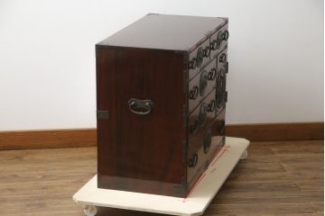 和製ビンテージ　仙台民芸箪笥　唐獅子金具　力強い木目と存在感のある金具が魅力的な仙台小箪笥(仙台箪笥、収納箪笥、和タンス、引き出し、ヴィンテージ)(R-077208)