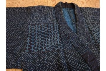 江戸〜明治　時代物　刺子半纏　着物(アイヌ?、木綿、古布、古着物、野良着、藍染、刺し子、リメイク、衣装、Japanese KIMONO)(R-077224)