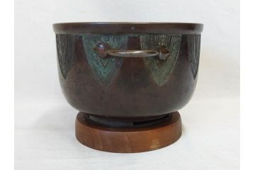 明治期　古銅　雷文　歴史を刻んだ味わいが魅力の古火鉢(手あぶり、手焙、双耳、鉢カバー、銅製、銅器、共箱付き、茶道具)(R-077225)