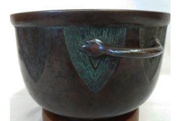 明治期　古銅　雷文　歴史を刻んだ味わいが魅力の古火鉢(手あぶり、手焙、双耳、鉢カバー、銅製、銅器、共箱付き、茶道具)(R-077225)