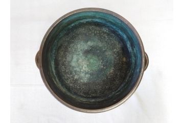 明治期　古銅　雷文　歴史を刻んだ味わいが魅力の古火鉢(手あぶり、手焙、双耳、鉢カバー、銅製、銅器、共箱付き、茶道具)(R-077225)