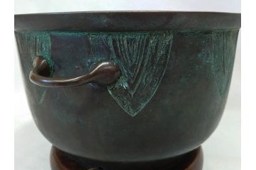 明治期　古銅　雷文　歴史を刻んだ味わいが魅力の古火鉢(手あぶり、手焙、双耳、鉢カバー、銅製、銅器、共箱付き、茶道具)(R-077226)