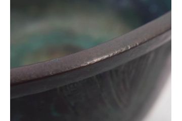 明治期　古銅　雷文　歴史を刻んだ味わいが魅力の古火鉢(手あぶり、手焙、双耳、鉢カバー、銅製、銅器、共箱付き、茶道具)(R-077226)