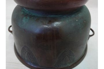 明治期　古銅　雷文　歴史を刻んだ味わいが魅力の古火鉢(手あぶり、手焙、双耳、鉢カバー、銅製、銅器、共箱付き、茶道具)(R-077226)