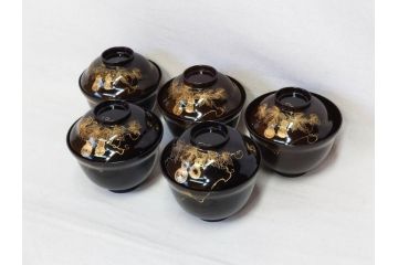 明治〜大正期　輪島塗　沈金蒔絵　木製　瓢箪の図を上品に描いた蓋付吸物椀5客セット(漆器、漆芸、お椀、金彩、和食器)(R-077227)