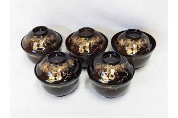 明治〜大正期　輪島塗　沈金蒔絵　木製　瓢箪の図を上品に描いた蓋付吸物椀5客セット(漆器、漆芸、お椀、金彩、和食器)(R-077227)