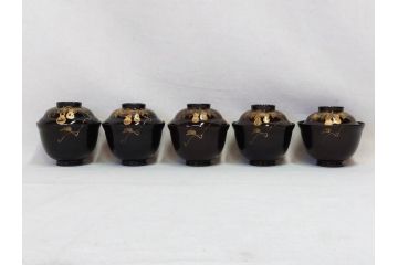 明治〜大正期　輪島塗　沈金蒔絵　木製　瓢箪の図を上品に描いた蓋付吸物椀5客セット(漆器、漆芸、お椀、金彩、和食器)(R-077227)