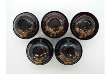 明治〜大正期　輪島塗　沈金蒔絵　木製　瓢箪の図を上品に描いた蓋付吸物椀5客セット(漆器、漆芸、お椀、金彩、和食器)(R-077227)
