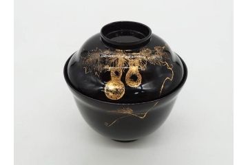 明治〜大正期　輪島塗　沈金蒔絵　木製　瓢箪の図を上品に描いた蓋付吸物椀5客セット(漆器、漆芸、お椀、金彩、和食器)(R-077227)