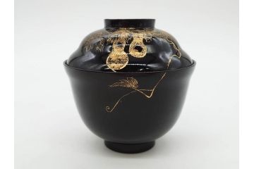明治〜大正期　輪島塗　沈金蒔絵　木製　瓢箪の図を上品に描いた蓋付吸物椀5客セット(漆器、漆芸、お椀、金彩、和食器)(R-077227)