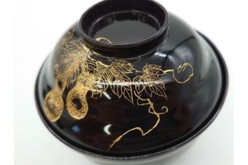 明治〜大正期　輪島塗　沈金蒔絵　木製　瓢箪の図を上品に描いた蓋付吸物椀5客セット(漆器、漆芸、お椀、金彩、和食器)(R-077227)