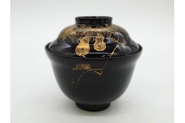 明治〜大正期　輪島塗　沈金蒔絵　木製　瓢箪の図を上品に描いた蓋付吸物椀5客セット(漆器、漆芸、お椀、金彩、和食器)(R-077227)