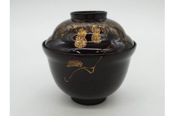 明治〜大正期　輪島塗　沈金蒔絵　木製　瓢箪の図を上品に描いた蓋付吸物椀5客セット(漆器、漆芸、お椀、金彩、和食器)(R-077227)