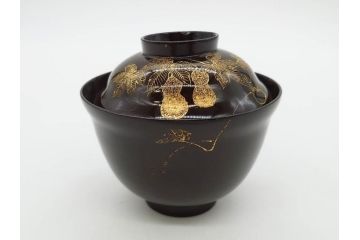 明治〜大正期　輪島塗　沈金蒔絵　木製　瓢箪の図を上品に描いた蓋付吸物椀5客セット(漆器、漆芸、お椀、金彩、和食器)(R-077227)