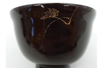 明治〜大正期　輪島塗　沈金蒔絵　木製　瓢箪の図を上品に描いた蓋付吸物椀5客セット(漆器、漆芸、お椀、金彩、和食器)(R-077227)