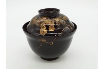 明治〜大正期　輪島塗　沈金蒔絵　木製　瓢箪の図を上品に描いた蓋付吸物椀5客セット(漆器、漆芸、お椀、金彩、和食器)(R-077227)