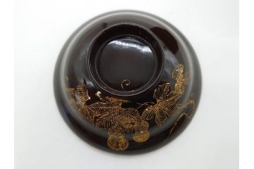 明治〜大正期　輪島塗　沈金蒔絵　木製　瓢箪の図を上品に描いた蓋付吸物椀5客セット(漆器、漆芸、お椀、金彩、和食器)(R-077227)