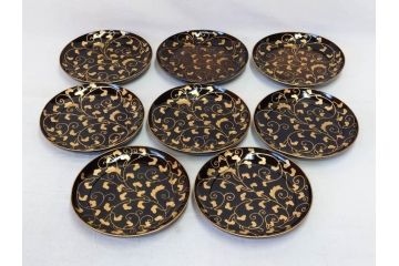 明治〜大正期　輪島塗　沈金蒔絵　蔦図　約18.5cm　6.1寸　気品溢れる木皿8枚セット(木製、漆器、漆芸、金彩、和食器、六寸一分)(R-077228)