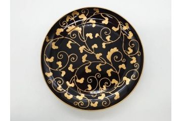 明治〜大正期　輪島塗　沈金蒔絵　蔦図　約18.5cm　6.1寸　気品溢れる木皿8枚セット(木製、漆器、漆芸、金彩、和食器、六寸一分)(R-077228)