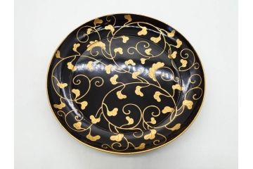 明治〜大正期　輪島塗　沈金蒔絵　蔦図　約18.5cm　6.1寸　気品溢れる木皿8枚セット(木製、漆器、漆芸、金彩、和食器、六寸一分)(R-077228)