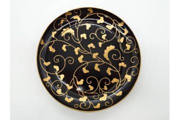 明治〜大正期　輪島塗　沈金蒔絵　蔦図　約18.5cm　6.1寸　気品溢れる木皿8枚セット(木製、漆器、漆芸、金彩、和食器、六寸一分)(R-077228)