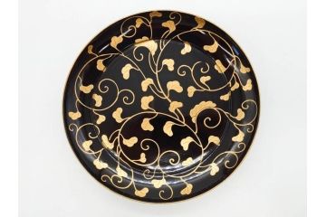 明治〜大正期　輪島塗　沈金蒔絵　蔦図　約18.5cm　6.1寸　気品溢れる木皿8枚セット(木製、漆器、漆芸、金彩、和食器、六寸一分)(R-077228)