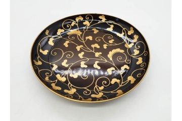 明治〜大正期　輪島塗　沈金蒔絵　蔦図　約18.5cm　6.1寸　気品溢れる木皿8枚セット(木製、漆器、漆芸、金彩、和食器、六寸一分)(R-077228)