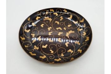 明治〜大正期　輪島塗　沈金蒔絵　蔦図　約18.5cm　6.1寸　気品溢れる木皿8枚セット(木製、漆器、漆芸、金彩、和食器、六寸一分)(R-077228)