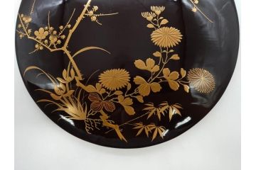 明治〜大正期　輪島塗　沈金蒔絵　木製　菊梅竹菖蒲図　漆塗りの艶やかな風合いが上品なお櫃・湯桶・お盆・しゃもじセット(漆器、漆芸、金彩、和食器)(R-077229)