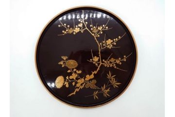 明治〜大正期　輪島塗　沈金蒔絵　木製　菊梅竹菖蒲図　漆塗りの艶やかな風合いが上品なお櫃・湯桶・お盆・しゃもじセット(漆器、漆芸、金彩、和食器)(R-077229)