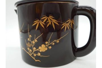 明治〜大正期　輪島塗　沈金蒔絵　木製　菊梅竹菖蒲図　漆塗りの艶やかな風合いが上品なお櫃・湯桶・お盆・しゃもじセット(漆器、漆芸、金彩、和食器)(R-077229)