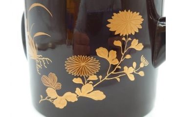 明治〜大正期　輪島塗　沈金蒔絵　木製　菊梅竹菖蒲図　漆塗りの艶やかな風合いが上品なお櫃・湯桶・お盆・しゃもじセット(漆器、漆芸、金彩、和食器)(R-077229)