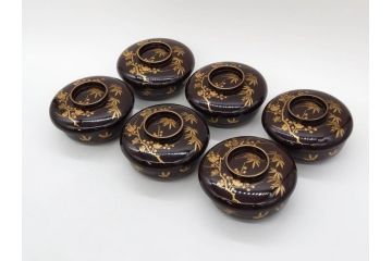 明治〜大正期　輪島塗　沈金蒔絵　木製　梅竹図　艶やかな質感が美しい蓋付お椀6客セット(漆器、漆芸、金彩、和食器)(R-077230)
