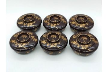 明治〜大正期　輪島塗　沈金蒔絵　木製　梅竹図　艶やかな質感が美しい蓋付お椀6客セット(漆器、漆芸、金彩、和食器)(R-077230)