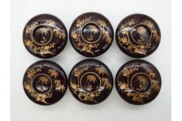 明治〜大正期　輪島塗　沈金蒔絵　木製　梅竹図　艶やかな質感が美しい蓋付お椀6客セット(漆器、漆芸、金彩、和食器)(R-077230)