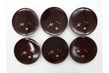 明治〜大正期　輪島塗　沈金蒔絵　木製　梅竹図　艶やかな質感が美しい蓋付お椀6客セット(漆器、漆芸、金彩、和食器)(R-077230)