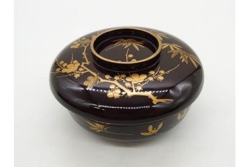 明治〜大正期　輪島塗　沈金蒔絵　木製　梅竹図　艶やかな質感が美しい蓋付お椀6客セット(漆器、漆芸、金彩、和食器)(R-077230)