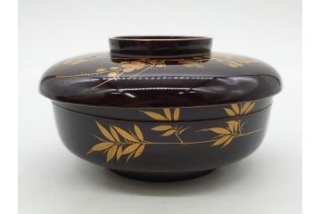 明治〜大正期　輪島塗　沈金蒔絵　木製　梅竹図　艶やかな質感が美しい蓋付お椀6客セット(漆器、漆芸、金彩、和食器)(R-077230)