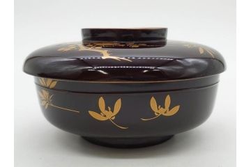 明治〜大正期　輪島塗　沈金蒔絵　木製　梅竹図　艶やかな質感が美しい蓋付お椀6客セット(漆器、漆芸、金彩、和食器)(R-077230)