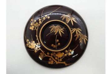 明治〜大正期　輪島塗　沈金蒔絵　木製　梅竹図　艶やかな質感が美しい蓋付お椀6客セット(漆器、漆芸、金彩、和食器)(R-077230)