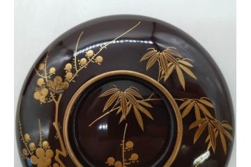 明治〜大正期　輪島塗　沈金蒔絵　木製　梅竹図　艶やかな質感が美しい蓋付お椀6客セット(漆器、漆芸、金彩、和食器)(R-077230)