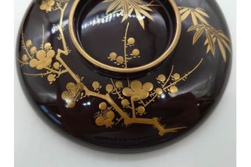 明治〜大正期　輪島塗　沈金蒔絵　木製　梅竹図　艶やかな質感が美しい蓋付お椀6客セット(漆器、漆芸、金彩、和食器)(R-077230)