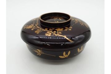 明治〜大正期　輪島塗　沈金蒔絵　木製　梅竹図　艶やかな質感が美しい蓋付お椀6客セット(漆器、漆芸、金彩、和食器)(R-077230)