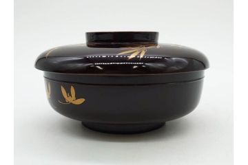 明治〜大正期　輪島塗　沈金蒔絵　木製　梅竹図　艶やかな質感が美しい蓋付お椀6客セット(漆器、漆芸、金彩、和食器)(R-077230)