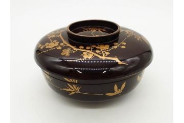 明治〜大正期　輪島塗　沈金蒔絵　木製　梅竹図　艶やかな質感が美しい蓋付お椀6客セット(漆器、漆芸、金彩、和食器)(R-077230)