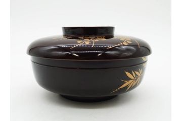 明治〜大正期　輪島塗　沈金蒔絵　木製　梅竹図　艶やかな質感が美しい蓋付お椀6客セット(漆器、漆芸、金彩、和食器)(R-077230)