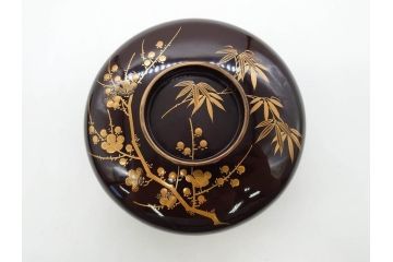 明治〜大正期　輪島塗　沈金蒔絵　木製　梅竹図　艶やかな質感が美しい蓋付お椀6客セット(漆器、漆芸、金彩、和食器)(R-077230)