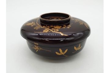 明治〜大正期　輪島塗　沈金蒔絵　木製　梅竹図　艶やかな質感が美しい蓋付お椀6客セット(漆器、漆芸、金彩、和食器)(R-077230)